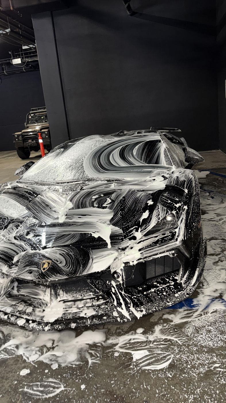 Black supercar during a careful hand wash